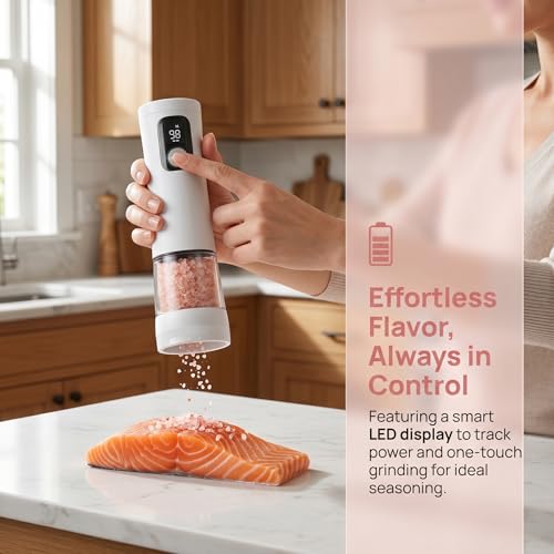 Electric Salt and Pepper Grinder Set, Rechargeable Automatic Pepper Mill with Base,Display, LED Lighting, Large Capacity-Ideal for Kitchen, BBQ Gifts - color: White