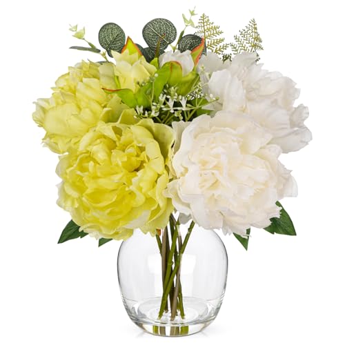 Hollyone Peonies Artificial Flowers Peony Fake Flowers in Vase Silk Flower Arrangements with Glass Vase with Faux Water for Home Decor Bathroom Coffee Table Centerpiece Decorations Green and White - color: White and Green