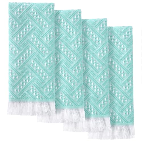 HunnmingRe 4 Pack Boho Hand Towel for Bathroom Kitchen 14x30 Inch 100% Turkish Cotton Summer Boho Decorative Towel Waffle Farmhouse Bathroom Decor Absorbent Soft Guest Gift(Teal,White) - color: Teal,white