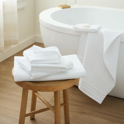 TOWN & COUNTRY BASICS 6-Piece Assorted Waffle Woven Terry Stripe Set, 2 Bath Towel, 2 Hand Towel, 2 Washcloth, 100% Cotton, Quick Dry, White - color: White
