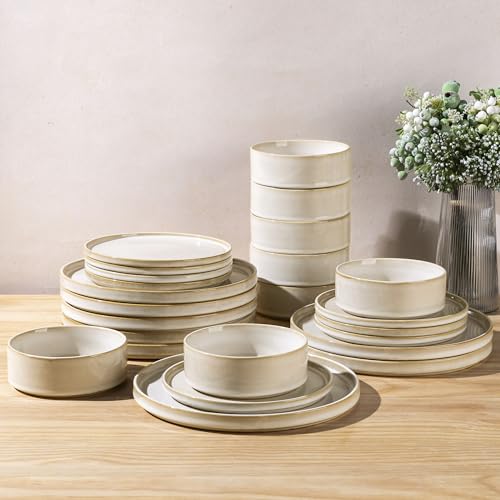 AmorArc Ceramic Dinnerware Sets for 8,24 Piece Plates and Bowls Sets Dishes | Stoneware Handmade Reactive Glaze Dishes Set | Highly Chip and Crack Resistant | Dishwasher & Microwave Safe - color: Vanilla White, size: Service for 8