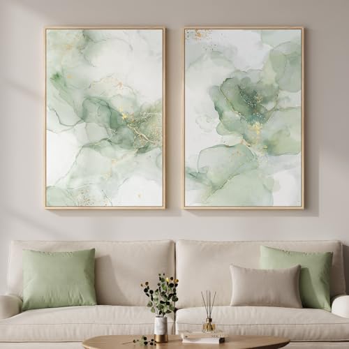 Framed Sage Green Abstract Wall Art for Living Room, Large Set of 2 Green Gold Canvas Artwork for Walls, Minimalist Modern Paintings Print Wall Decor for Bedroom Dining Room Office Hallway, 24x36 Inch - color: Sage Green Gold