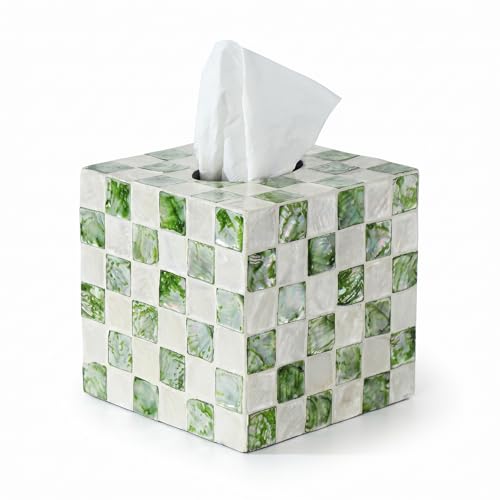 Coeusy Capiz Tissue Box Cover, Square Decorative Tissue Holder with Bottom Slider, Handmade Checkered Cube Tissue Box Cover for Bathroom Vanity,Office or Bedroom,Green - color: Green
