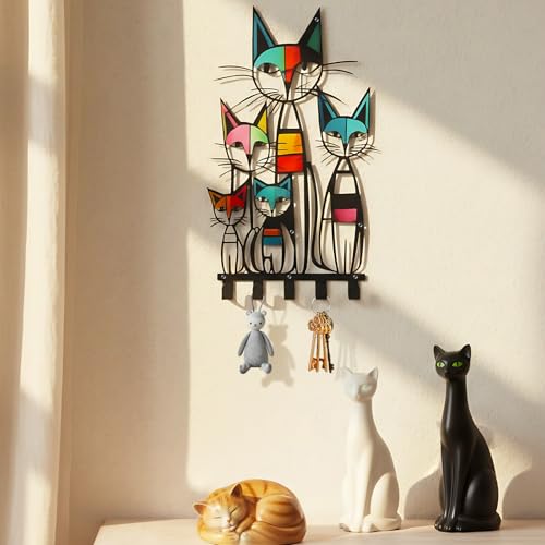 Mid Century Wall Mounted Coat Rack with 5 Hooks Retro Colorful Cat Wall Art Decor Decorative Black Metal Hanger for Coats, Hats, Bags, Keys, Towels for Home, Bathroom, Office (Classic) - style: Classic