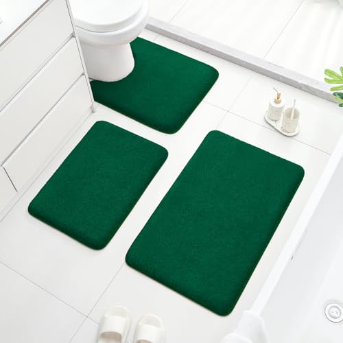 HOMEIDEAS Upgraded Bathroom Rugs Set 3 Piece, Ultra Soft Memory Foam Bath Mats, Super Absorbent Non Slip Washable U-Shaped Toilet Bath Rug (Dark Green, 17"x24"+20"x32"+U-Shaped 20"x24") - color: Dark Green