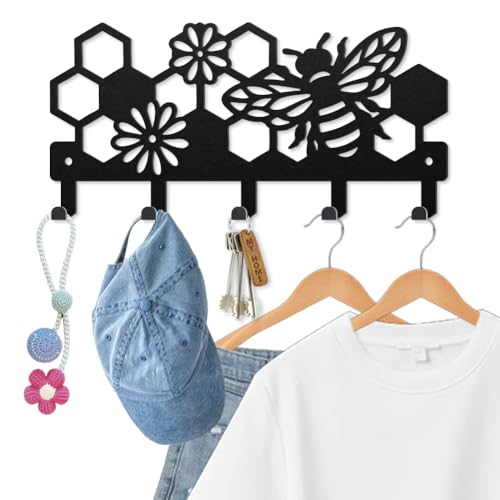 MAYJOYDIY Bee Beehive Metal Key Hook Honey Bee Flowers Coat Rack Wall Mounted 9.8×4.7inch Honeycomb Insect Black Art Key Holder with 5 Hooks for Gift Kitchen Bathroom Clothes Storage - style: Bee Beehive