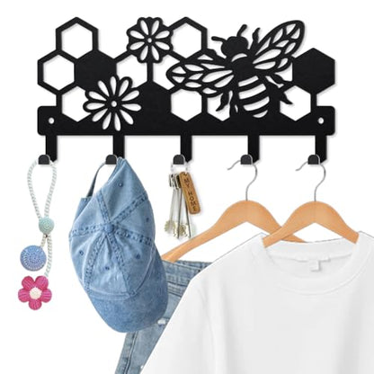 MAYJOYDIY Bee Beehive Metal Key Hook Honey Bee Flowers Coat Rack Wall Mounted 9.8×4.7inch Honeycomb Insect Black Art Key Holder with 5 Hooks for Gift Kitchen Bathroom Clothes Storage - style: Bee Beehive