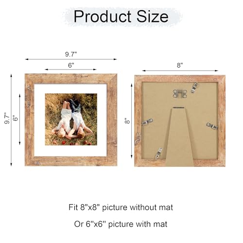 iRahmen 8x8 Picture Frame with Mat 6x6 - High Definition Real Glass Wooden Photo Frames for Tabletop Display and Wall Mounting (Rustic Brown, Set of 2) - color: Rustic Brown, size: 8X8