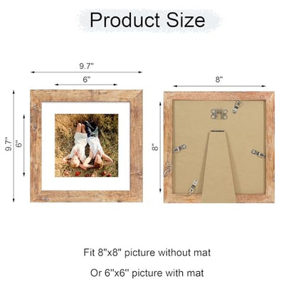 iRahmen 8x8 Picture Frame with Mat 6x6 - High Definition Real Glass Wooden Photo Frames for Tabletop Display and Wall Mounting (Rustic Brown, Set of 2) - color: Rustic Brown, size: 8X8