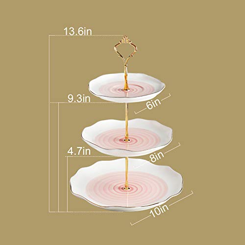 Sweejar 3 Tier Ceramic Cake Stand,Dessert Stand,Cupcake Stand,Tea Party Pastry Serving Platter,Food Display Stand for Tea/Coffee/Birthday/Wedding/Women/Afternoon/Gift - Pink - color: Watercolor Pink
