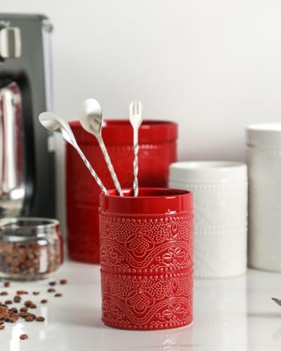 Kitchen Utensil Holder, 7.2" Super Large Utensil Crock Heavy and Stable Lace Emboss Ceramic Utensil Holder for Kitchen Counter (Christmas Red) - color: Christmas Red