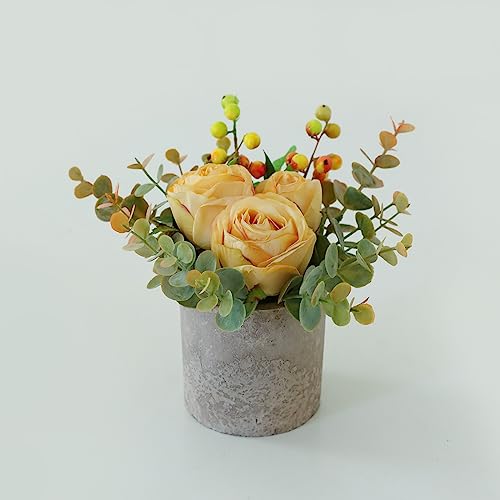 Small Artificial Burnt Yellow Rose Potted Plant, 6" Fake Silk Flowers in 3" Cylindrical Pot, Mini Faux Floral Arrangement for Desk Shelf Bathroom Decor - color: Burnt Yellow