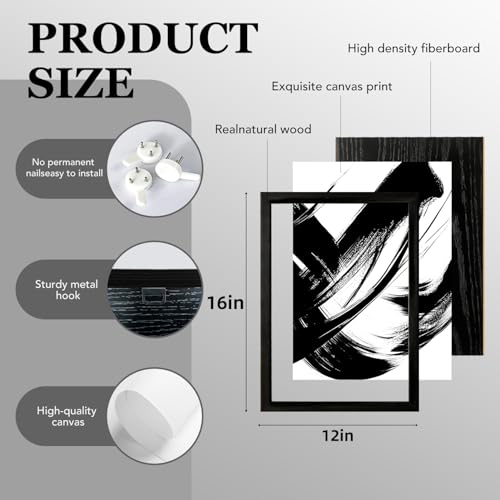 RUURUU 3Pcs Framed Black and White Abstract Canvas Wall Art Modern Minimalist Small Space Wall Decor for Living Room Bedroom Office Brush Stroke Gallery Pictures Posters Prints 12x16 Inches - size: 12x16Inches