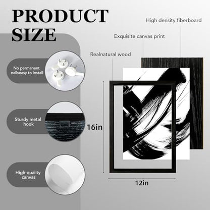 RUURUU 3Pcs Framed Black and White Abstract Canvas Wall Art Modern Minimalist Small Space Wall Decor for Living Room Bedroom Office Brush Stroke Gallery Pictures Posters Prints 12x16 Inches - size: 12x16Inches