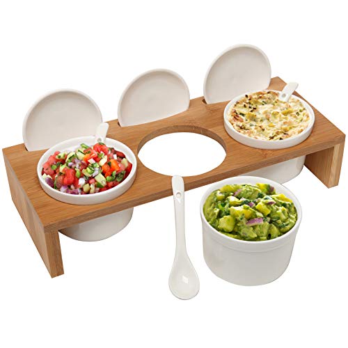 MyGift 10 Pcs Sauce Serving Dish, Hosting Party Essentials Host Gift, 3 Ceramic Ramekin Chip Dip Bowls with Lids & Spoons, Premium Bamboo Server Tray, Condiment Pot Entertaining - color: Bamboo