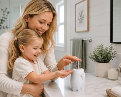 Clasin Home Resin Hand Soap Dispenser, Refillable Soap Dispenser with White Marble Look and Metallic Pump, Waterproof Bottle Labels for Bathroom Kitchen Dish Hand Wash Shower Lotion Shampoo (12 Oz) - color: White
