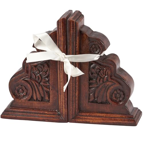 Primitives by Kathy Wooden Classic Bookend Set, Dark Academia Home Décor, Gifts for Book Readers, Non Slip Rubber Feet on Bottom, Bookish Accessories, 7 by 9 by 2 Inches, Natural Wood
