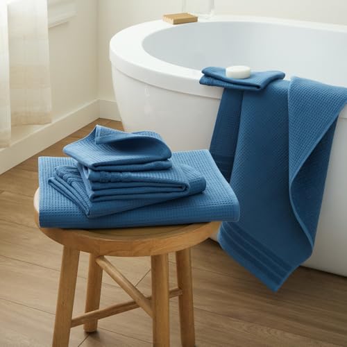 TOWN & COUNTRY BASICS 6-Piece Assorted Waffle Woven Terry Stripe Set, 2-Bath Towels, 2-Hand Towels, 2-Washcloths, 100% Cotton, Quick Dry, Blue - color: Blue