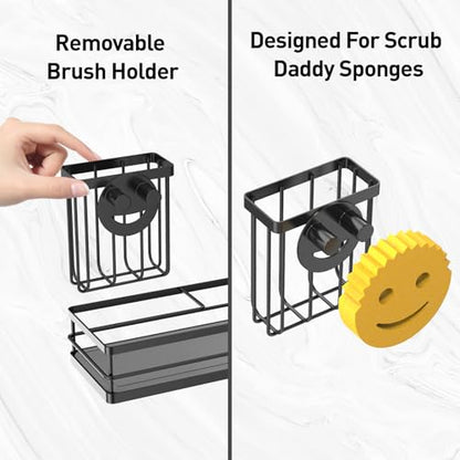 Moforoco Kitchen Dish Soap Dispenser Set, 16OZ Glass Bottle, Hand and Dish Soap Dispenser Set, Instant Dry Tray, Brush Holder with Smiley Face Sponge Holder (Black Tray+Amber Bottle) - color: Black Tray+amber Bottle