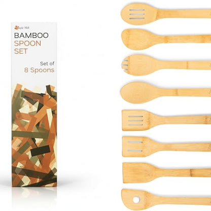 Bamboo Spoons for Cooking - Set of 8 Spoons - Wooden Cooking Spoons - Non-toxic & Organic Bamboo Cooking Utensils with Spoon Set & Spatula - Premium Kitchen Utensils - color: Without Holder
