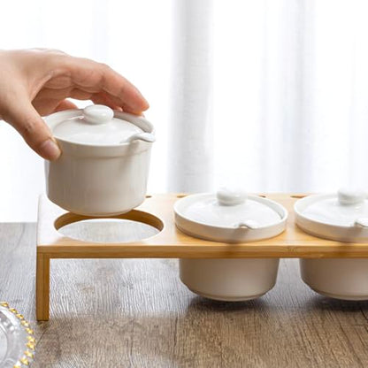 MyGift 10 Pcs Sauce Serving Dish, Hosting Party Essentials Host Gift, 3 Ceramic Ramekin Chip Dip Bowls with Lids & Spoons, Premium Bamboo Server Tray, Condiment Pot Entertaining - color: Bamboo