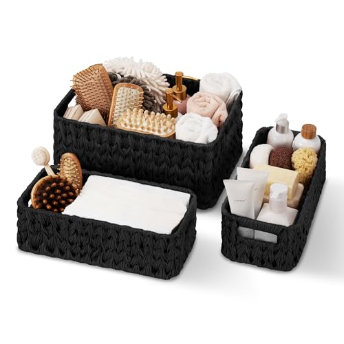 GRANNY SAYS Wicker Baskets for Shelves, Large Woven Baskets for Organizing | Small Woven Storage Baskets for Shelf, Rattan Basket for Organizing, Wicker Basket Set, 3-Pack Small Waterproof Baskets - color: Black, size: 14½"L x 10¼"W x 7"H + 2x 13"L x 6"W