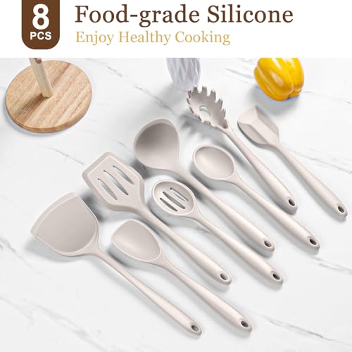 LIANYU Non-Toxic Kitchen Cooking Utensils Set, 8Pcs Khaki Silicone Utensils | Stainless Steel Core, Non-Scratch Spatula Spoon Turner, Heat Resistant & Dishwasher Safe - color: Khaki