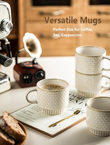 Gomakren Coffee Mugs Set of 4 Ceramic Coffee Cup with Stand, Creamy White | 13oz Stackable, Embossed Grid Mugs, Black Metal Rack, Lead-Free Dishwasher Safe, with Gold Spoons for Home Coffee Bar - color: Creamy White
