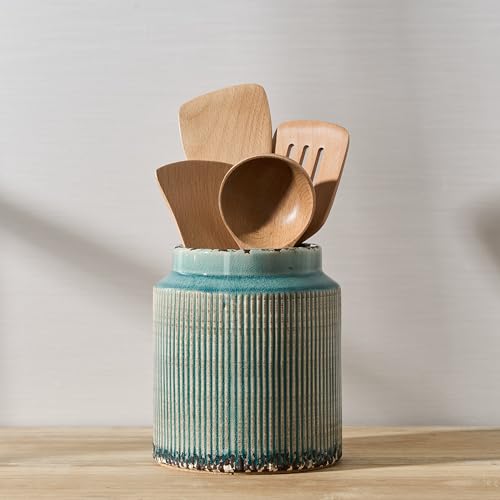 JIEMEI HOME Kitchen Utensil Holder, 6.77" Ceramic Farmhouse Stable Utensil Crock for Countertop, Vintage Style Cooking Tool Organizer with Cork Mat, Spatula Holder For Kitchen Decor, Antique Blue - color: Antique Blue