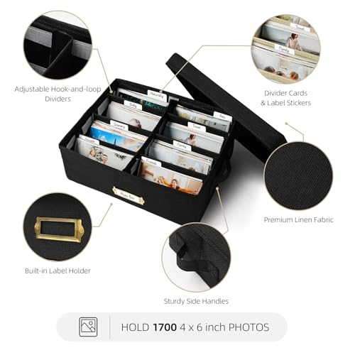 Collapsible Photo Storage Box, Adjustable Dividers - Black, 35cm | Holds 1700 Photos, Hook & Loop Dividers, Handle, Label Stickers - color: Black, size: 13.78"x11"x 5.12"
