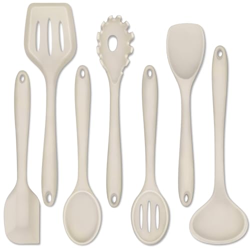 P&P CHEF Khaki Kitchen Utensils, Silicone Cooking Utensil Set of 7 | Soft Spatula for Nonstick Cookware, Slotted Turner, Soup Ladle, Pasta Server, Spoon for Cooking, Dishwasher Safe & Heat Proof - color: Khaki