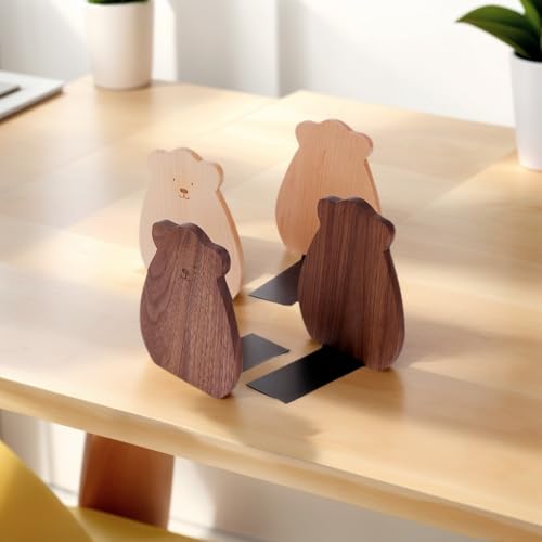 2-Pack Bear Beech Bookends, 5.9x4.7in | Solid Beech/Walnut Wood, Natural Grain, Non-Slip Base, Detachable Design, for Shelves/Desk/Kids Room - color: Beech Wood Bear