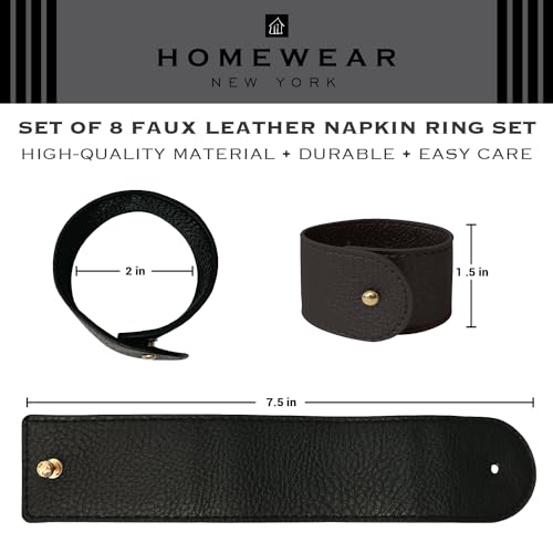 Luxury Leather Napkin Rings Set of 8, Black, Morgan Faux style, Modern Cuff Design for Wedding Party Decorations, Kitchen, Holiday Table ,Rust Proof,Hotel, Home, Table Accessories, Dining
