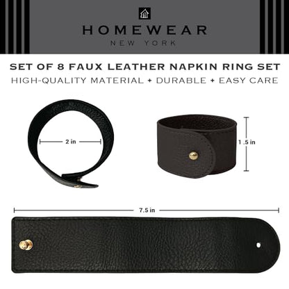 Luxury Leather Napkin Rings Set of 8, Black, Morgan Faux style, Modern Cuff Design for Wedding Party Decorations, Kitchen, Holiday Table ,Rust Proof,Hotel, Home, Table Accessories, Dining