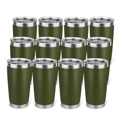 20oz Stainless Steel Tumbler Bulk with Lid, Travel Mug - Double Wall Vacuum Powder Coated Cup - Army Green, 12 Pack - color: Army Green, size: 12 Pack