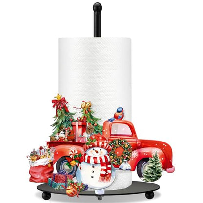 Christmas Paper Towel Holder Red Truck Countertop Kitchen Decor and Accessories Black Metal Farmhouse Large Tissue Stand Gifts for Christmas Party, 3D Hand Painting Pattern, Weighted Base - style: Christmas Truck