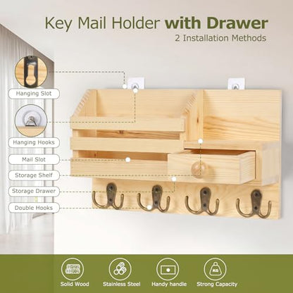 Key Holder Wall Mount, Wooden Key and Mail Organizer, Natural | 2 Mount Options, Includes 8 Hooks, Fence Mail Slot, Small Drawer and Shelf, for Entryway, Hallway, Doorway, Living Room, RV - color: Natural