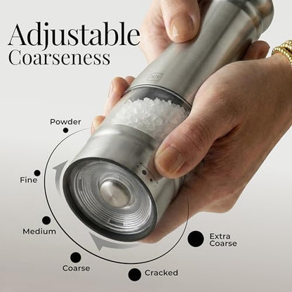 Styled Settings Electric Salt and Pepper Grinder Set, Black & silver | Automatic Stainless Steel Grinders, LED Light, Battery Operated, Adjustable Coarseness, Wood Base, Salt And Pepper Mill - color: Black & Silver