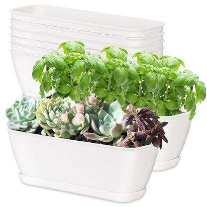 8-Piece White Rectangular Window Sill Planters with Drainage Holes and Trays (11 Inches) for Basil, Orchids, and Succulents Modern Herb Garden Planters Suitable for Indoor/Outdoor Plants - size: 11.1 x 3.23 x 3.54-inch