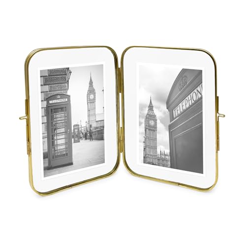 Isaac Jacobs 4x6 Gold Double-Sided Metal Floating Photo Frame w/ClaspLock | Double-Sided Round-Edged Brass & Glass Metal Floating Picture Frame Locket Closure (Vertical), Tabletop (4x6, Antique Gold) - color: Antique Gold, size: 4x6