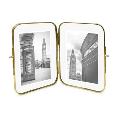 Isaac Jacobs 4x6 Gold Double-Sided Metal Floating Photo Frame w/ClaspLock | Double-Sided Round-Edged Brass & Glass Metal Floating Picture Frame Locket Closure (Vertical), Tabletop (4x6, Antique Gold) - color: Antique Gold, size: 4x6