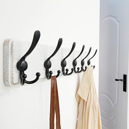 Coat Rack Wall Mounted - 24" Long 6 Tri Hooks, Heavy Duty Wooden Wall Coat Hanger Coat Hook for Clothes Hat Jacket Clothing, White and Black - color: White & Black, size: L=24"