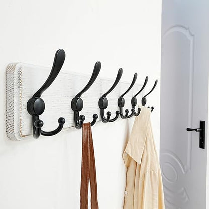 Coat Rack Wall Mounted - 24" Long 6 Tri Hooks, Heavy Duty Wooden Wall Coat Hanger Coat Hook for Clothes Hat Jacket Clothing, White and Black - color: White & Black, size: L=24"