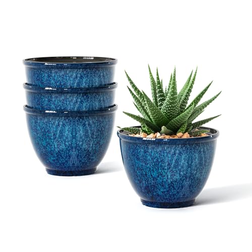 Vanslogreen 8 Inch Glazed Plastic Plant Pots, Set of 4 Planters with Drainage Holes - Indoor/Outdoor Flower Pots for Succulents, Herbs, Home Decor(Blue) - color: Blue