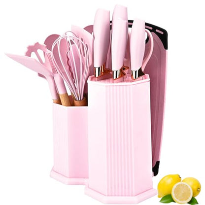 Kitchen Utensils Set,19 Pcs Cooking Tools and Knives Set,Cutting Board, Silverware Set, with Utensil Holder Precision Cutting and Organized Dining Kitchen Tool (Purple) - color: Purple