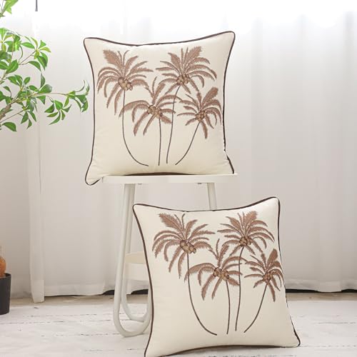Embroidered Throw Pillow Covers 18x18 Pack of 2 Brown Coconut Trees | Ocean-Themed,Durable Fabric,Square Pillow Cover,Boho Decorative,Hidden Zipper,Aesthetic Design,Ideal Gift,Easy Care - color: Brown Coconut Palm Trees
