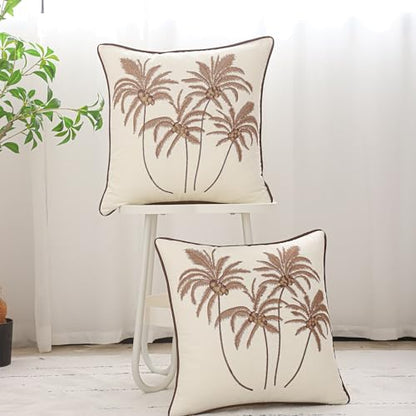 Embroidered Throw Pillow Covers 18x18 Pack of 2 Brown Coconut Trees | Ocean-Themed,Durable Fabric,Square Pillow Cover,Boho Decorative,Hidden Zipper,Aesthetic Design,Ideal Gift,Easy Care - color: Brown Coconut Palm Trees