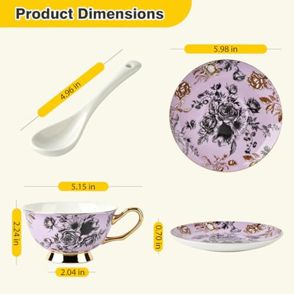 Bone China Tea Cup and Saucer Set for 1 with Spoon, Floral, 6.76 oz - color: purple01