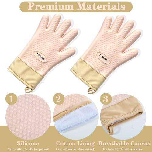 Silicone Oven Gloves with Fingers Heat Resistant 450°F in Kitchen | 1Pair Silicone Oven Mitts, Waterproof, Non-Slip, Extended Cuff Cotton Lined Kitchen Mitts for Baking Cooking Barbecue (Pink) - style: pink