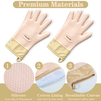 Silicone Oven Gloves with Fingers Heat Resistant 450°F in Kitchen | 1Pair Silicone Oven Mitts, Waterproof, Non-Slip, Extended Cuff Cotton Lined Kitchen Mitts for Baking Cooking Barbecue (Pink) - style: pink